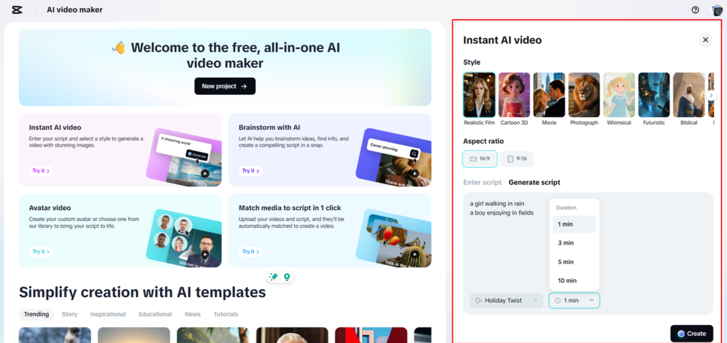 Gerando um roteiro e vídeo com CapCut Web