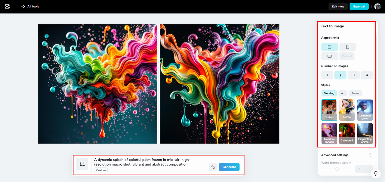 إنشاء وصف الصورة على CapCut Web