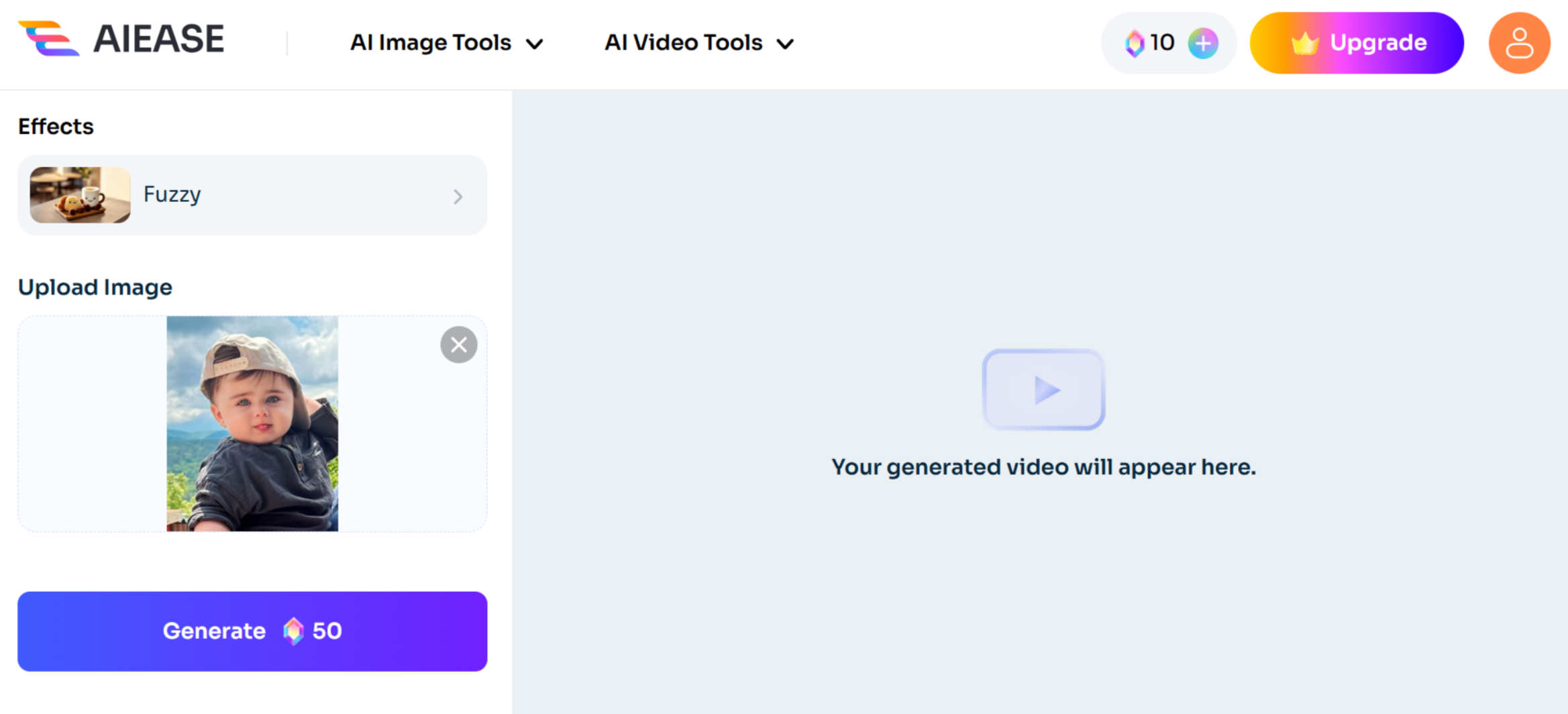 Interface d'IA Ease - un éditeur de photos d'animation en ligne facile à utiliser