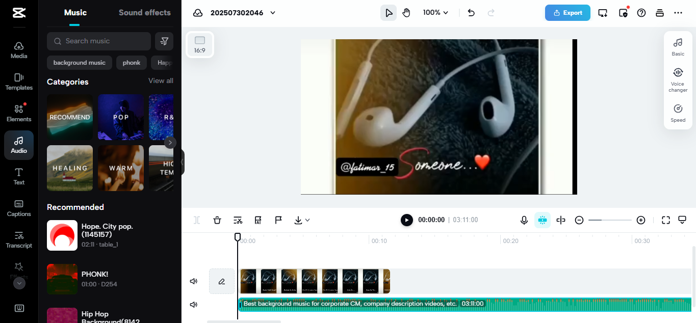 Editing interface of the CapCut web - the best tool to create music videos easily