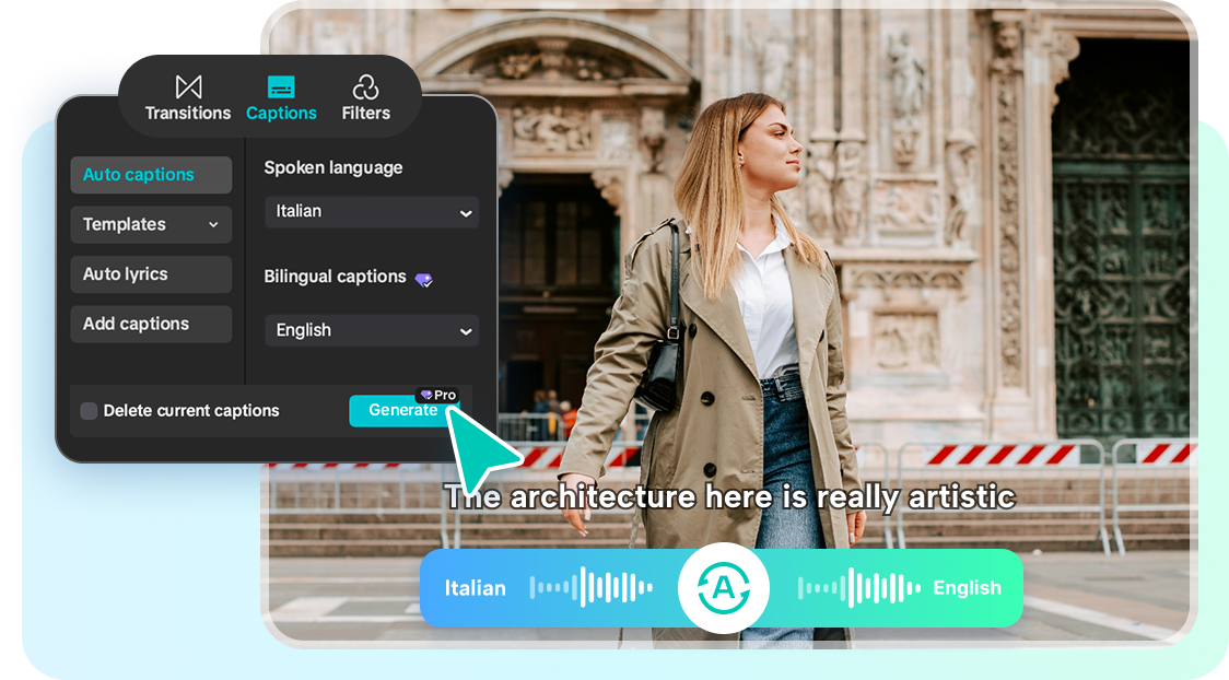 Tarkka käännös, jossa käytetään CapCut 's Italian to English converter