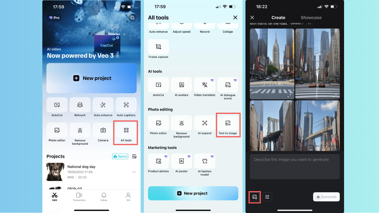 Access Text to image and select reference photos