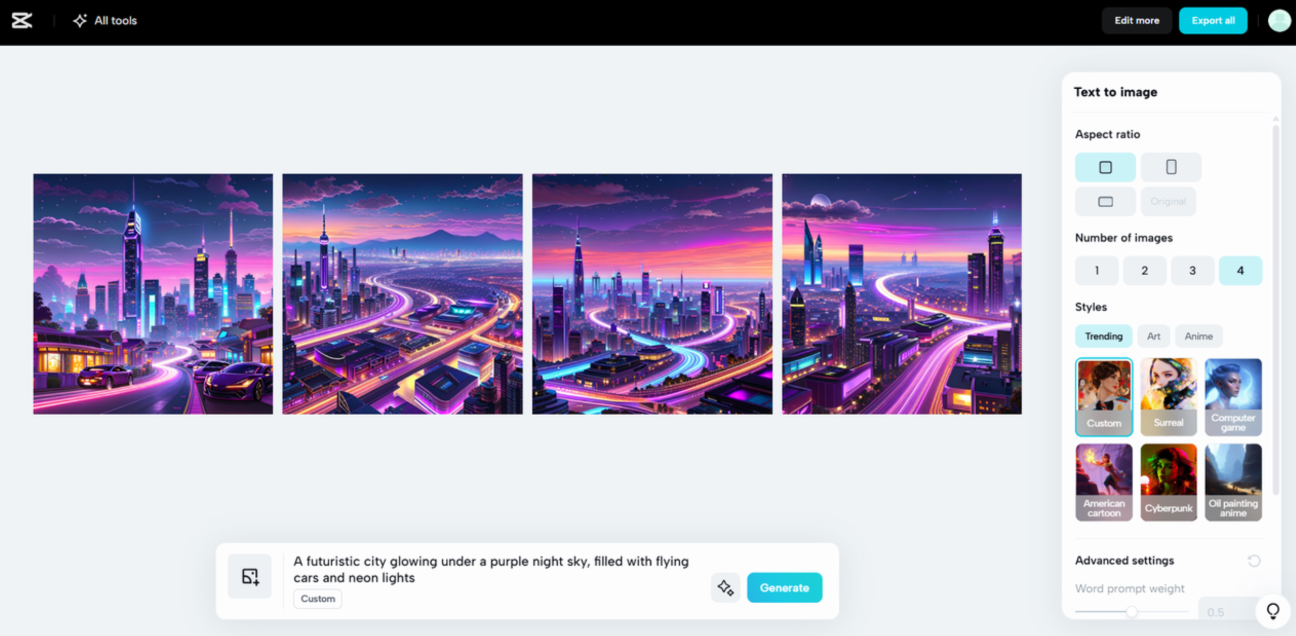 Interface of the CapCut Web - the best alternative for the Novel AI image generator