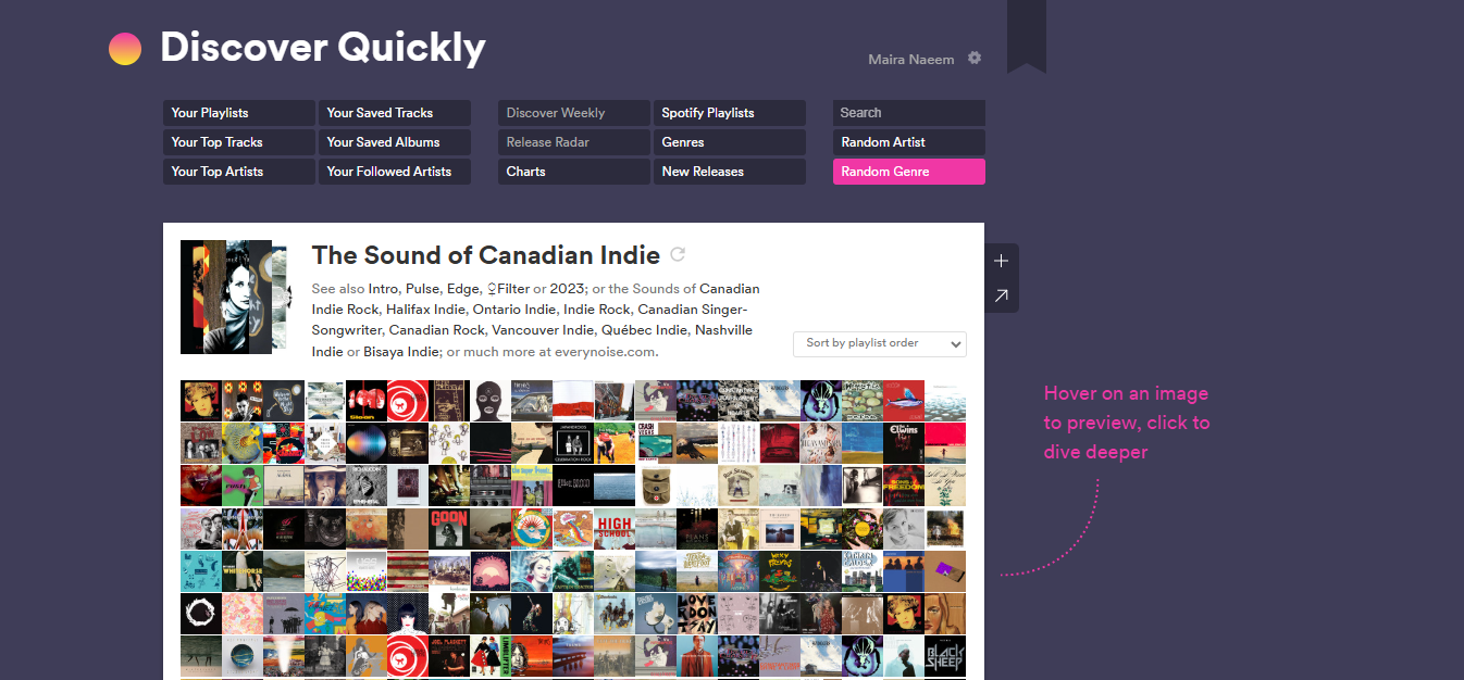 Discover Quickly 'nin arayüzü - Spotify sarılı istatistikler için popüler bir web sitesi
