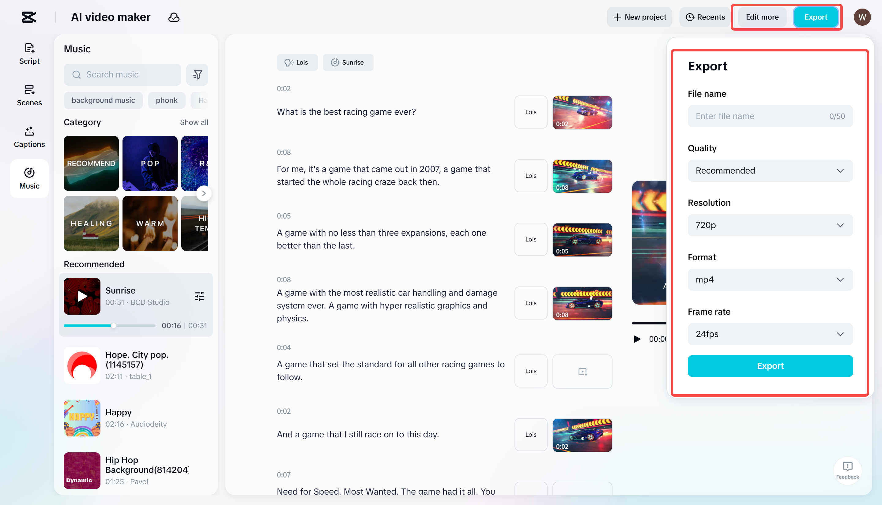 Exporting the video from CapCut's AI video maker