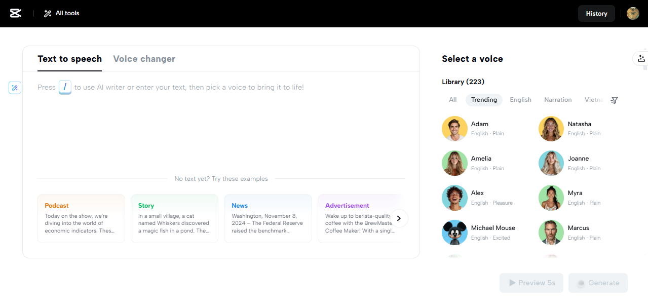 CapCut Web text to voice tool