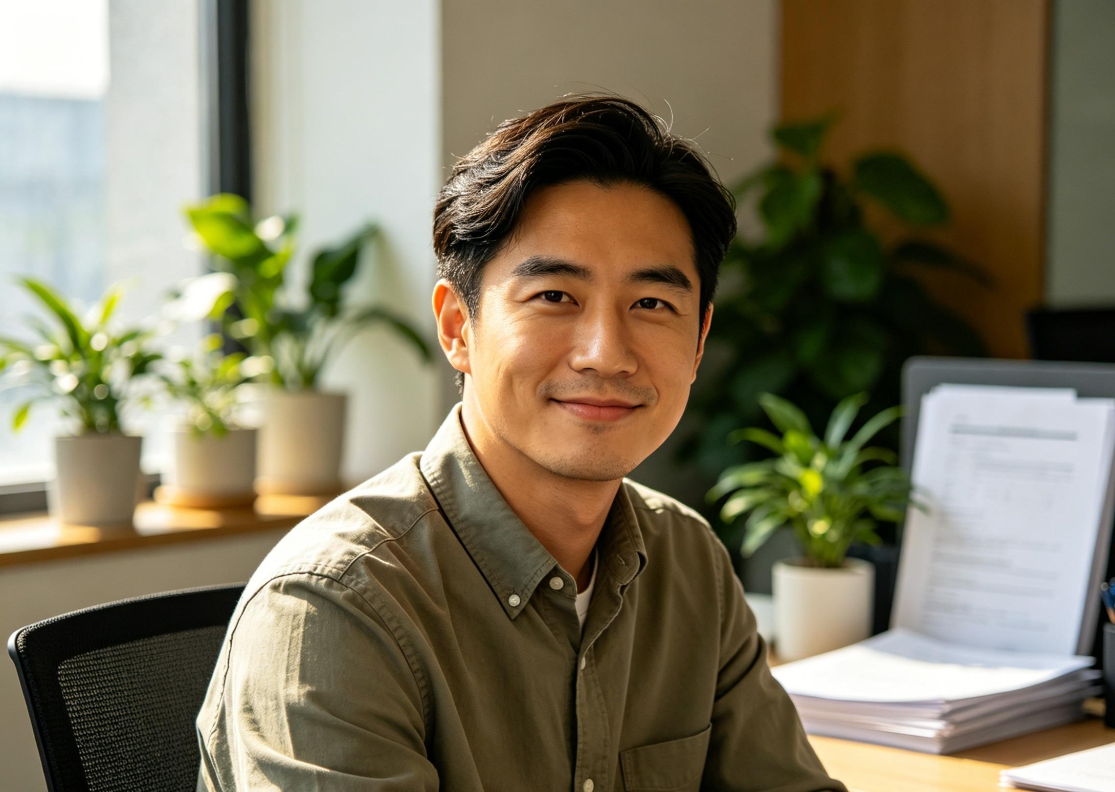 Generate a startup-style headshot of a man wearing a casual shirt