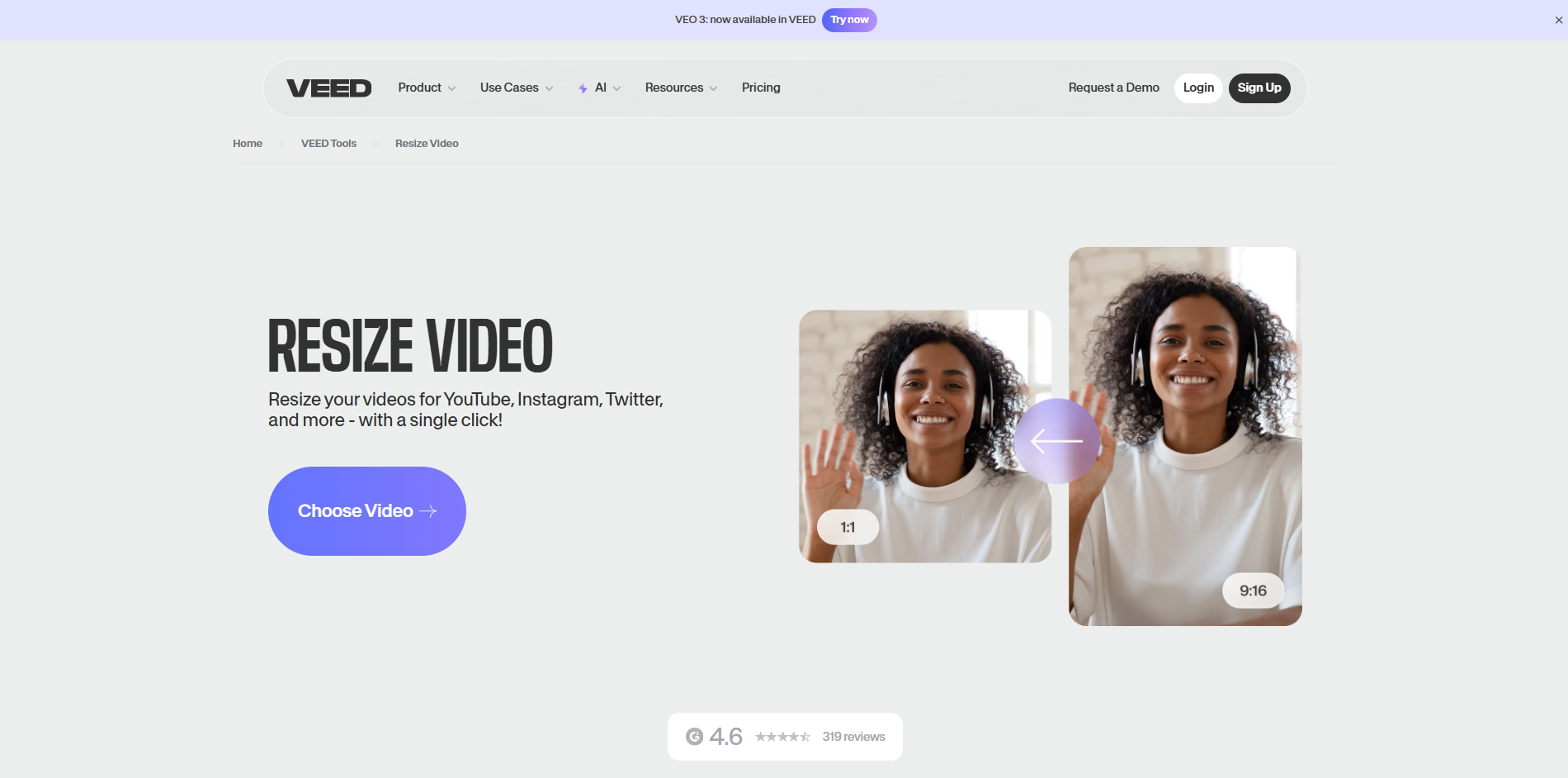Interface ofVeed.io-別の無料オンラインMP 4ビデオリサイズツール