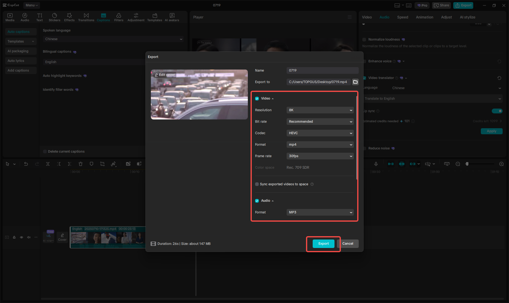 Exporting the translated video/audio in CapCut