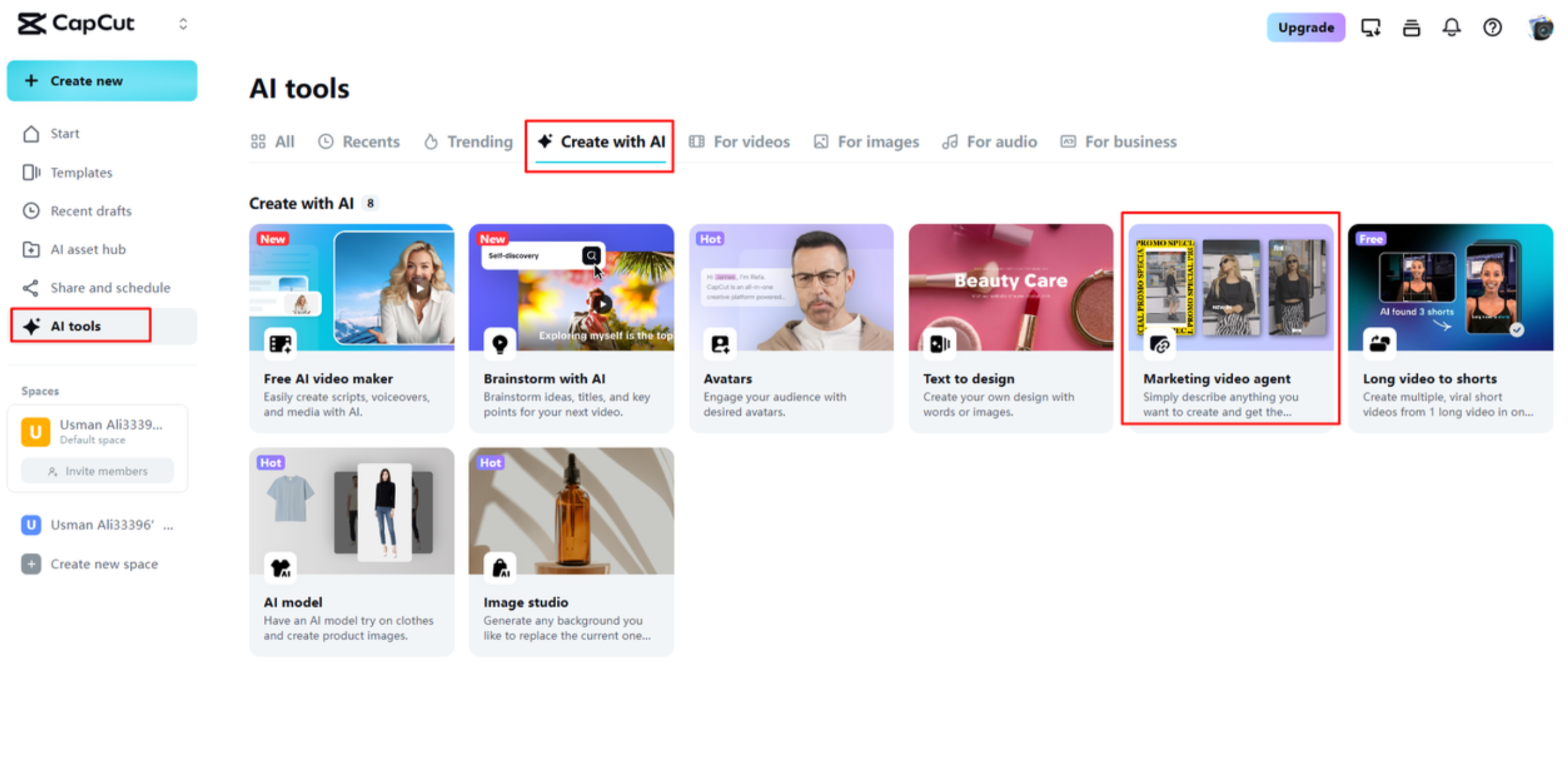 Accessing the marketing video agent in CapCut Web