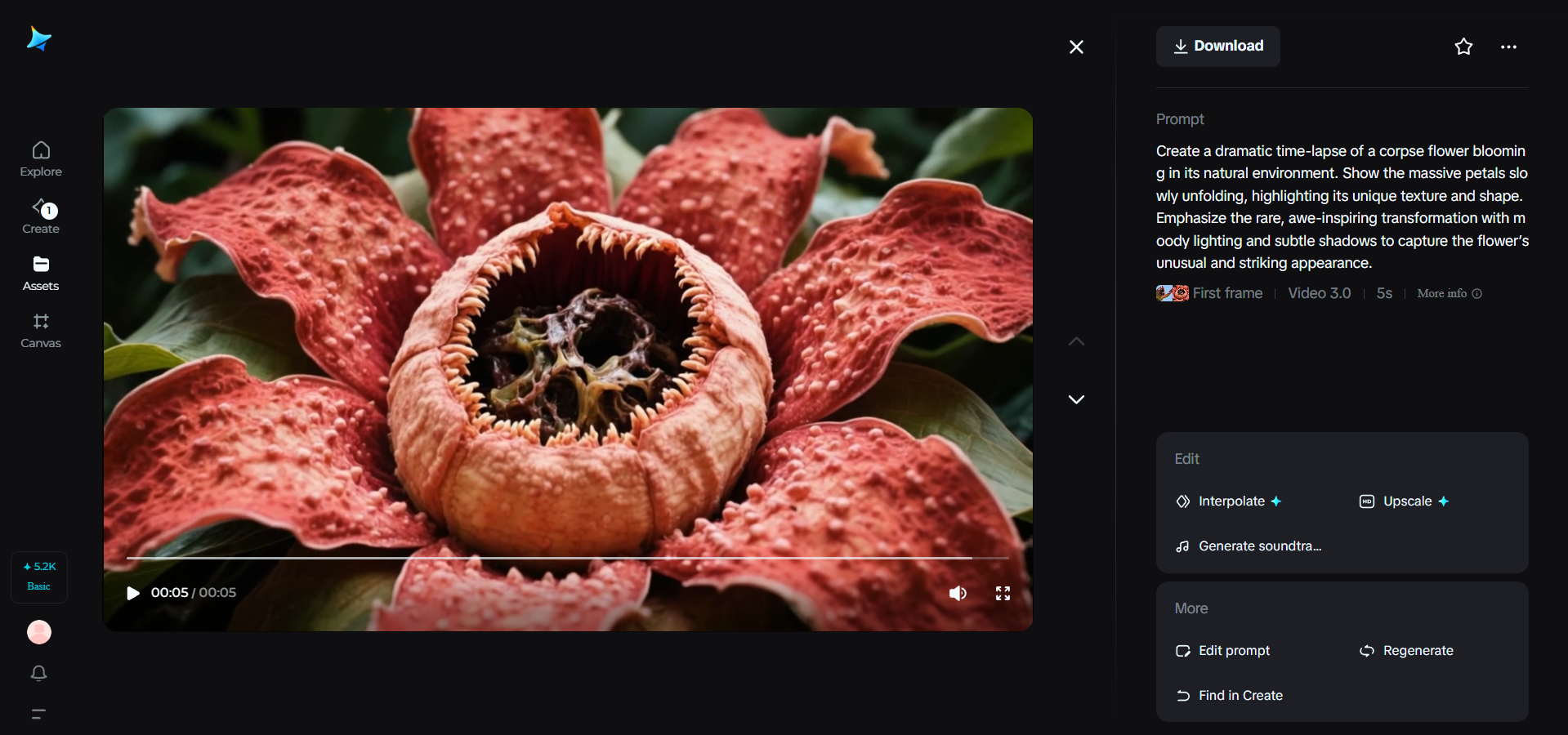 Corpse flower blooming video in Dreamina