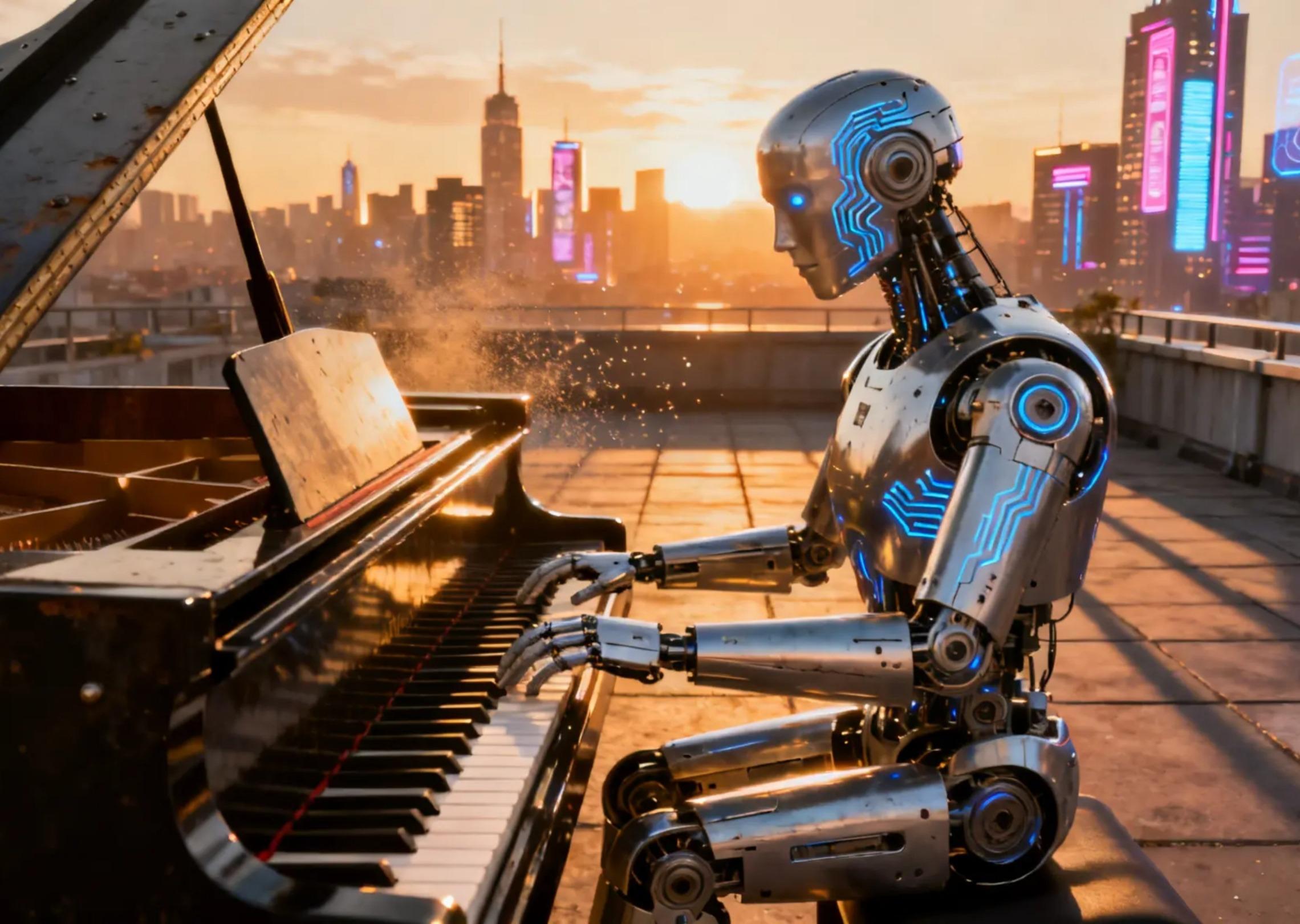 A futuristic humanoid robot playing piano