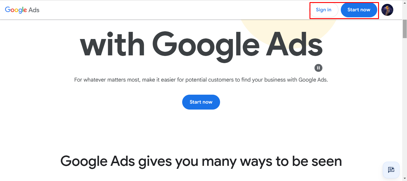 Google Ads Homepage-Schnittstelle zum Erstellen eines neuen Kontos für YouTube-Kampagnen
