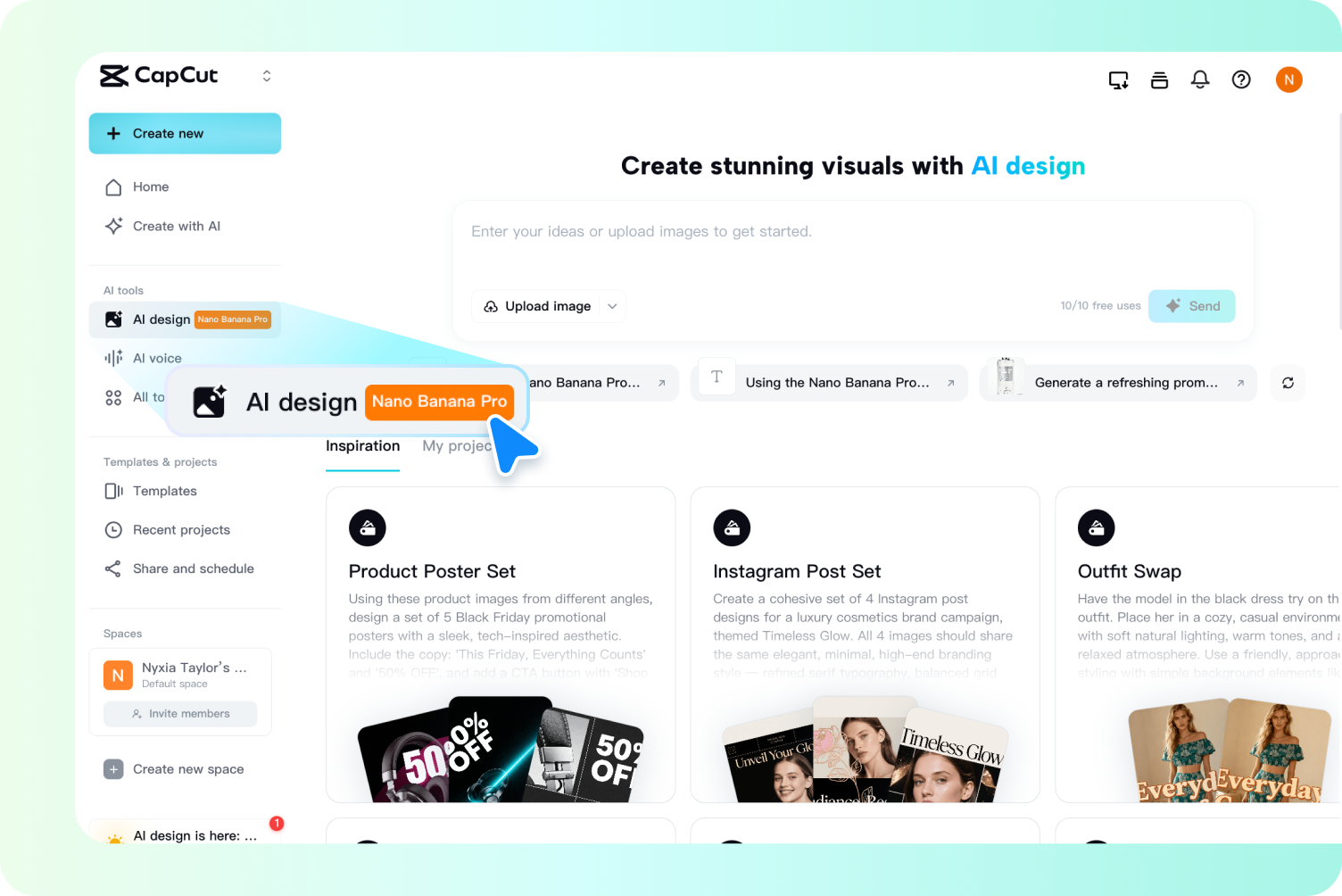 An upload prompt sits above design-inspiration cards on CapCut's AI creation page