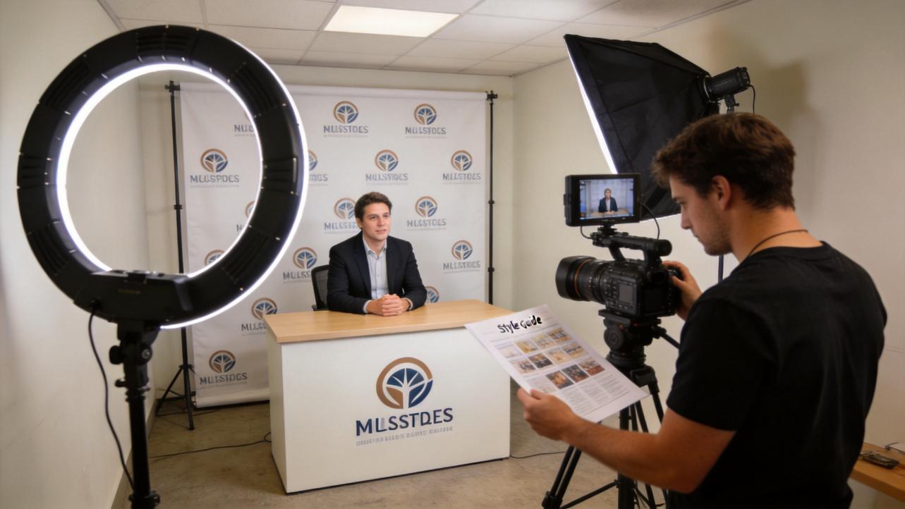 Videographer filming a presenter at a desk with ring light and softbox in a studio