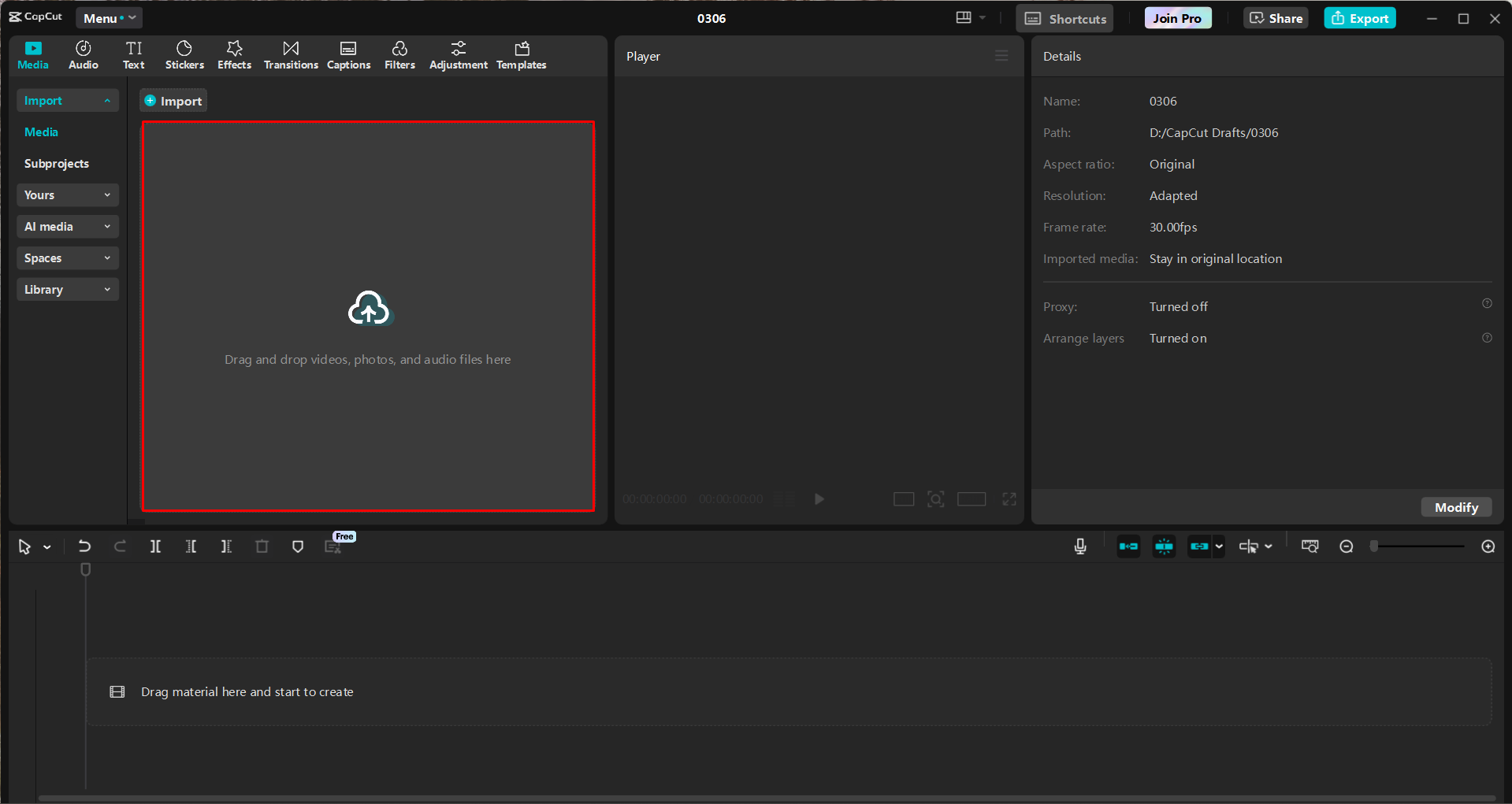 Importazione di un video nell' CapCut editor video desktop