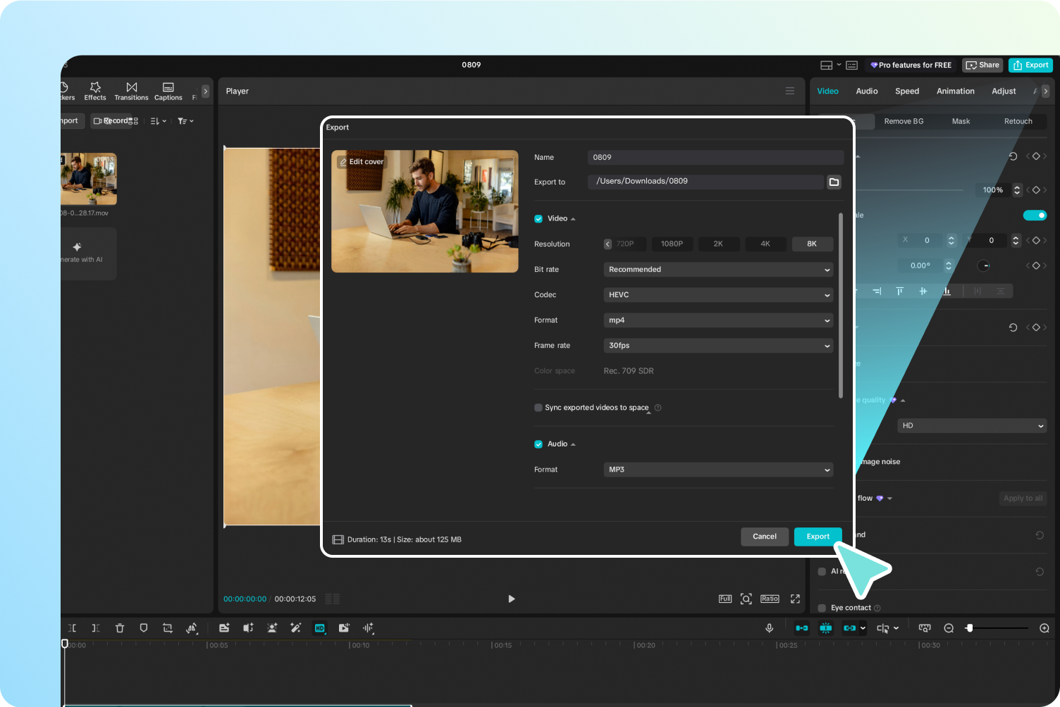 Exporting enhanced media from CapCut's AI video enhancer