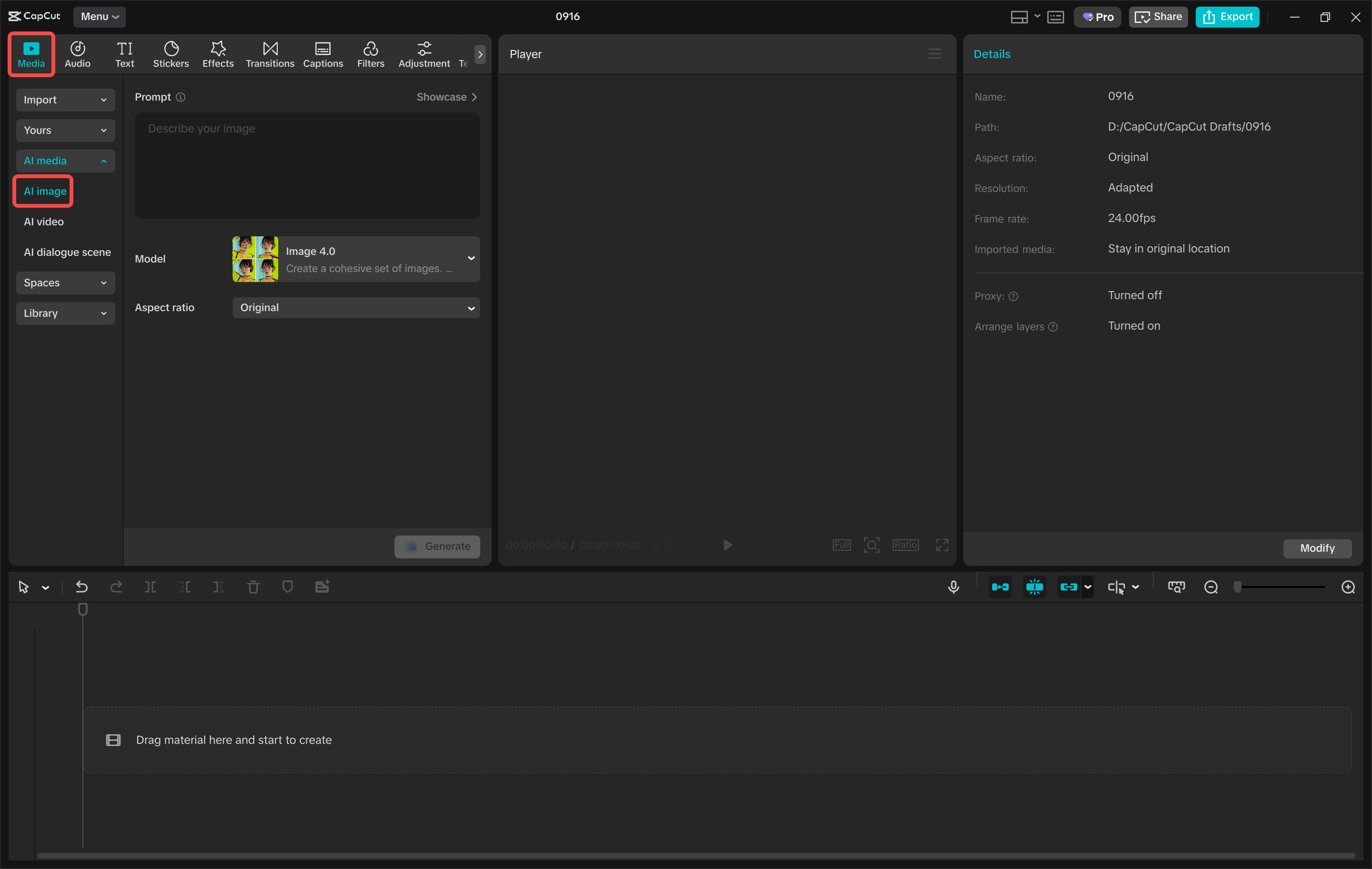 Accessing the AI image tool in CapCut