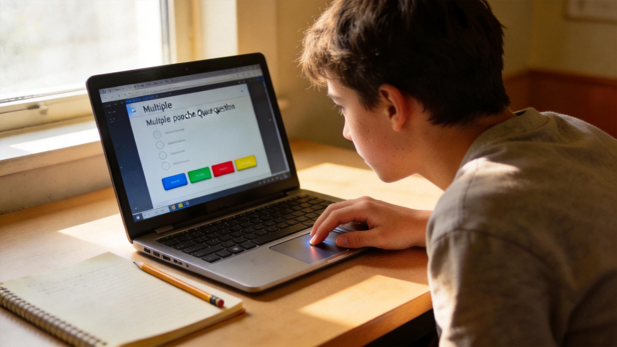 Boy using a laptop with a multiple-choice quiz on screen