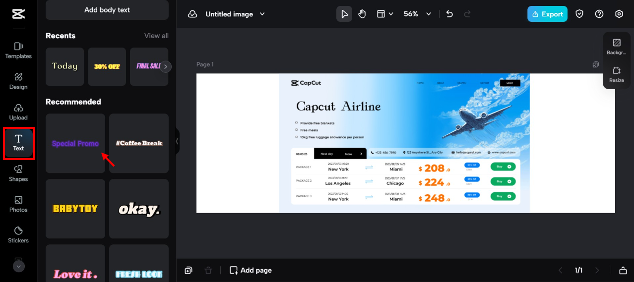 さまざまなテキストテンプレートとカスタマイズオプションを示す、CapCutのテキスト編集インターフェイスのスクリーンショット。