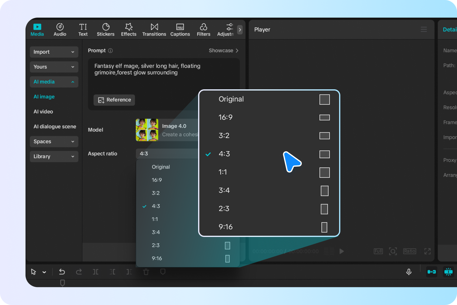 AI model selection panel with aspect ratio in the CapCut's free AI picture generator