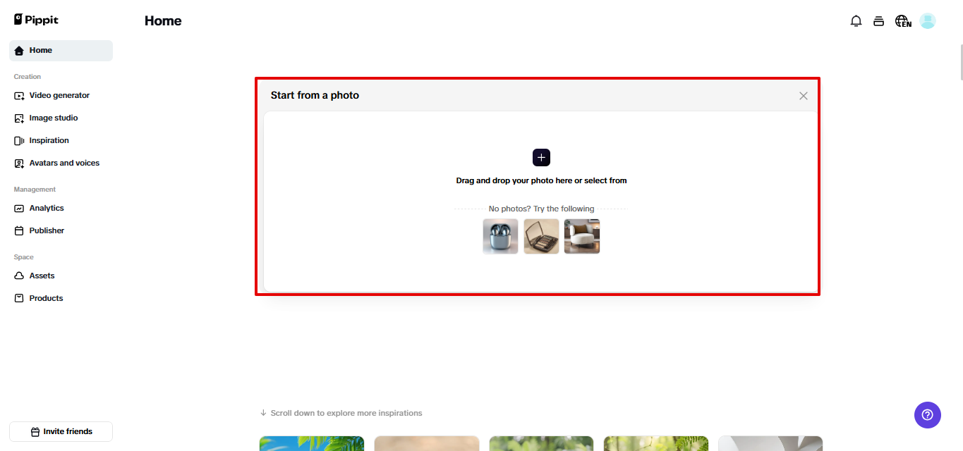 Uploading product photo to Pippit