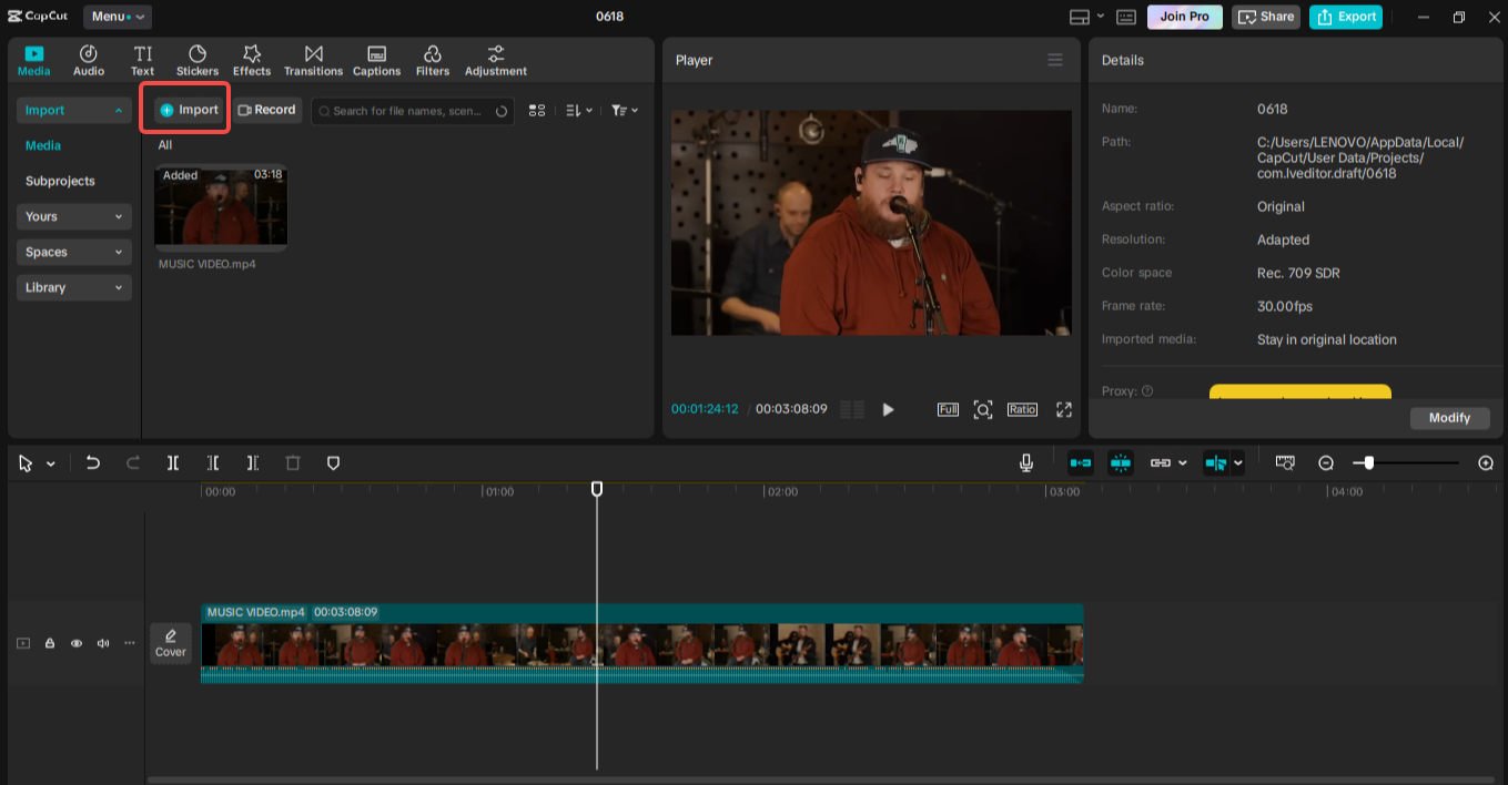 Importieren des Videos in CapCut
