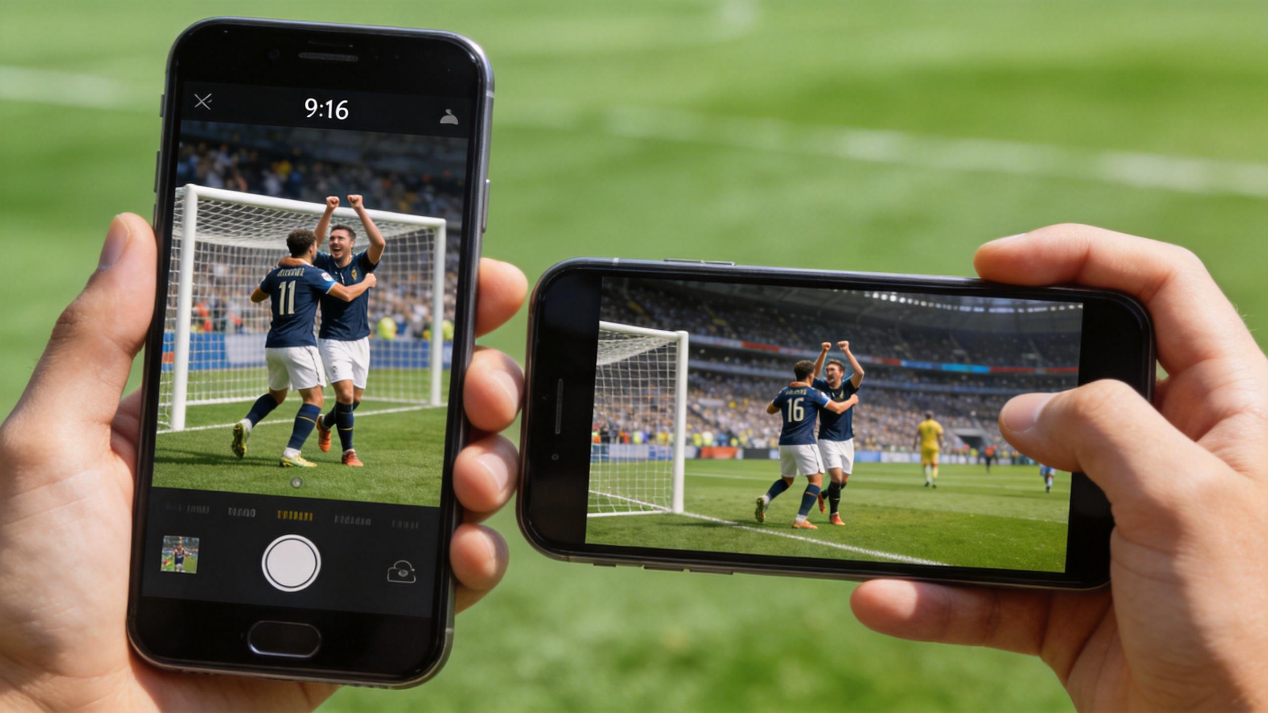 Two phones show a soccer goal celebration, one in portrait and one in landscape.