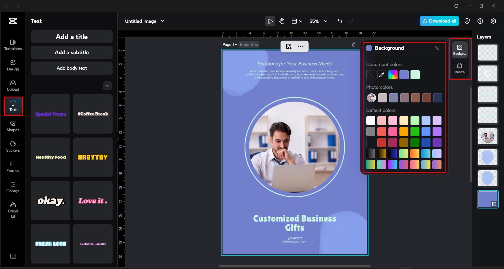 Adding text and adjusting colors of the flyer in the CapCut desktop video editor