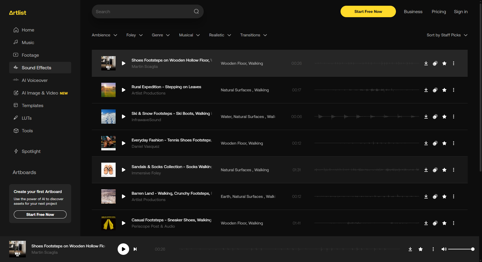 Artlist interface