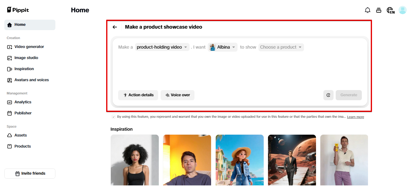 Product showcases tool in Pippit