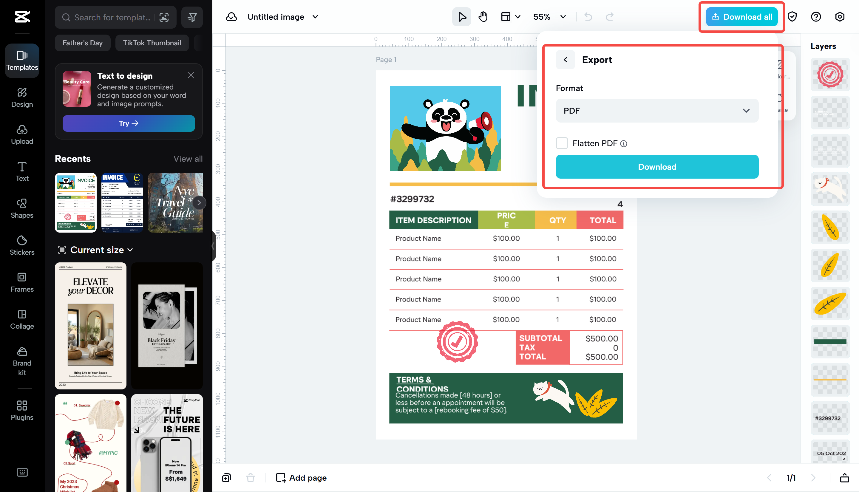 Exporting the invoice from CapCut Web