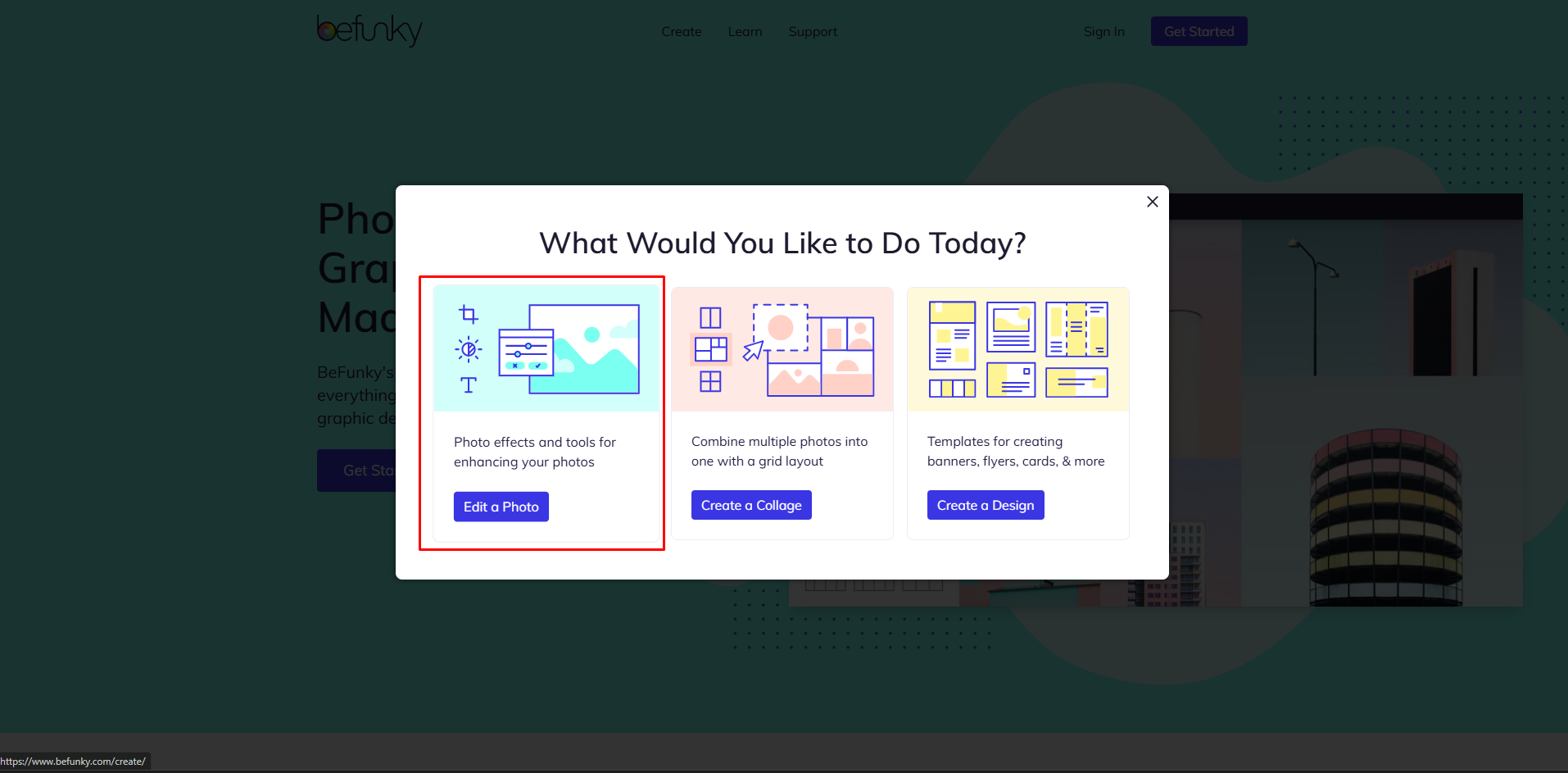 Opening the BeFunky online photo editor