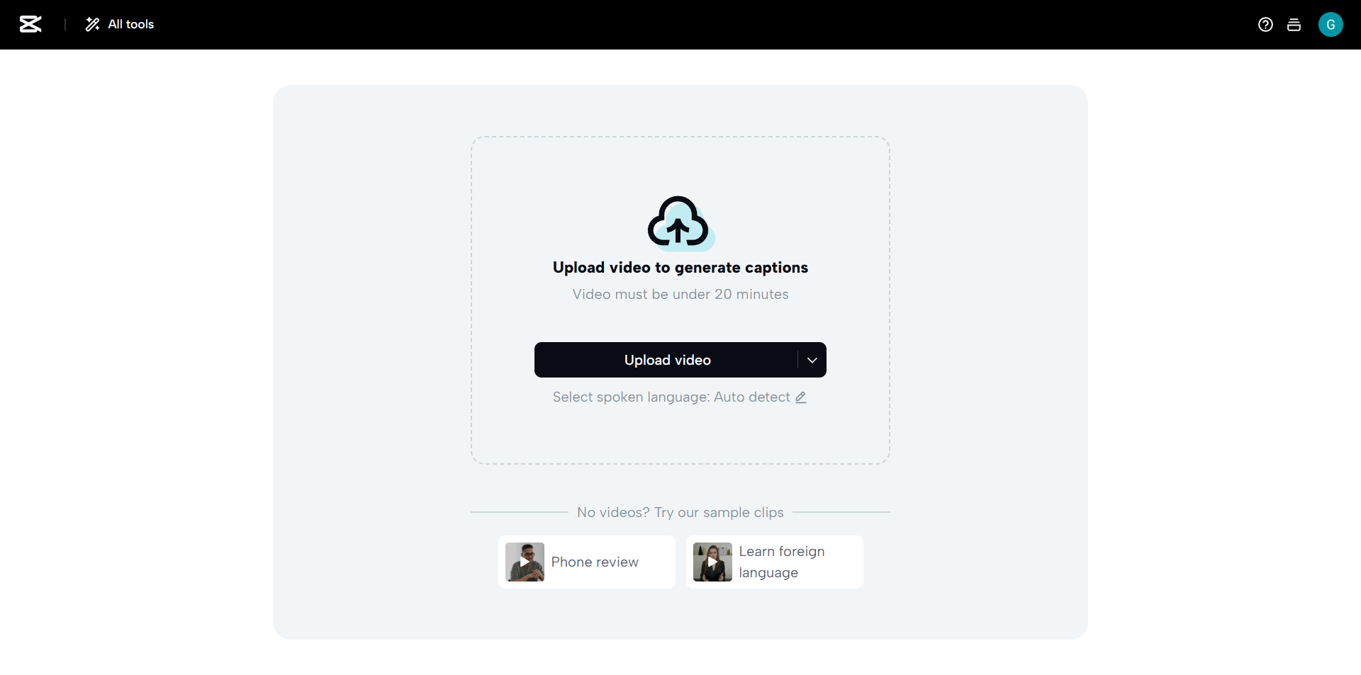 Interface de legendas por IA do CapCut Web