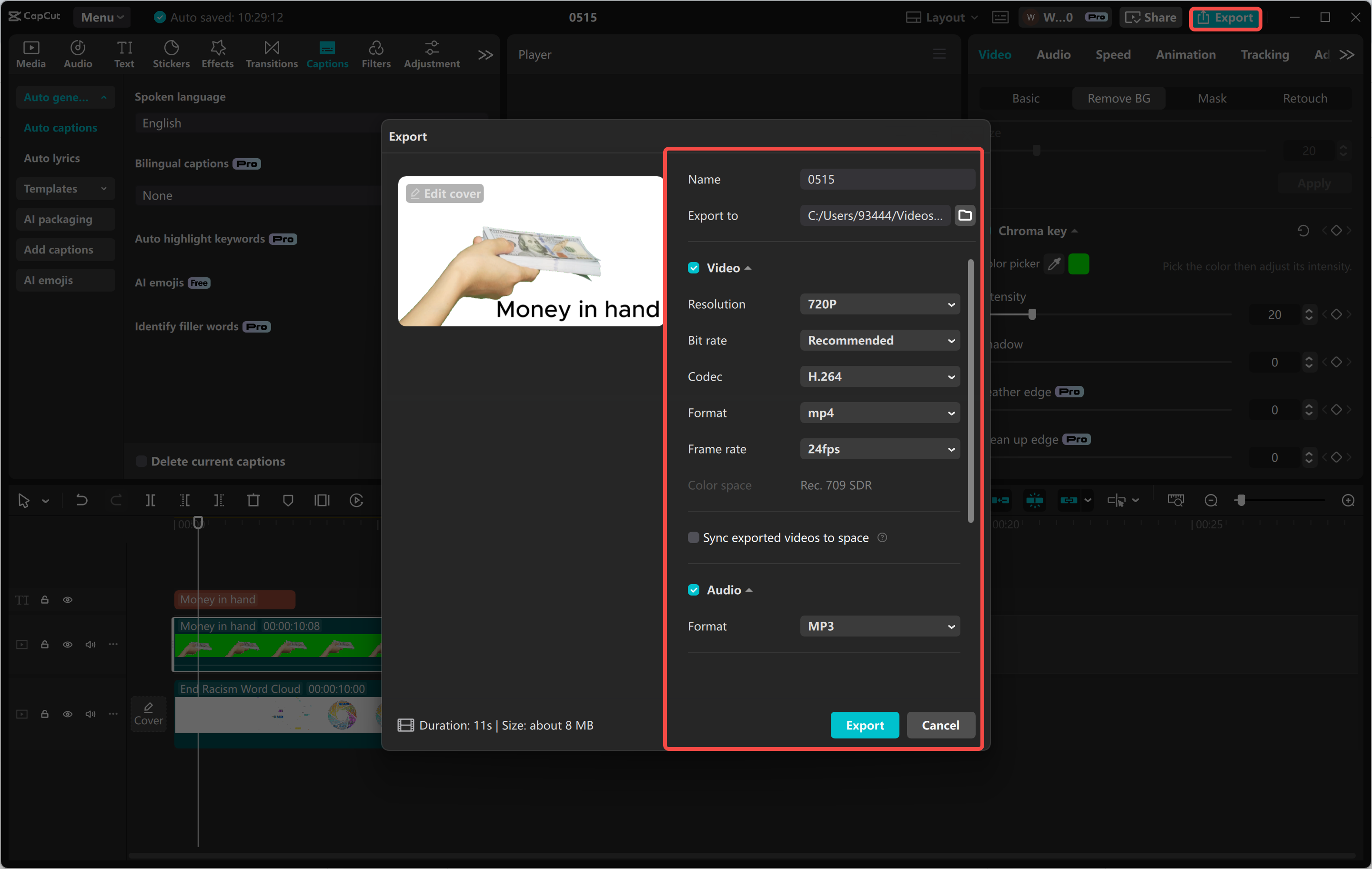 Exportul unui videoclip din editorul video CapCut desktop