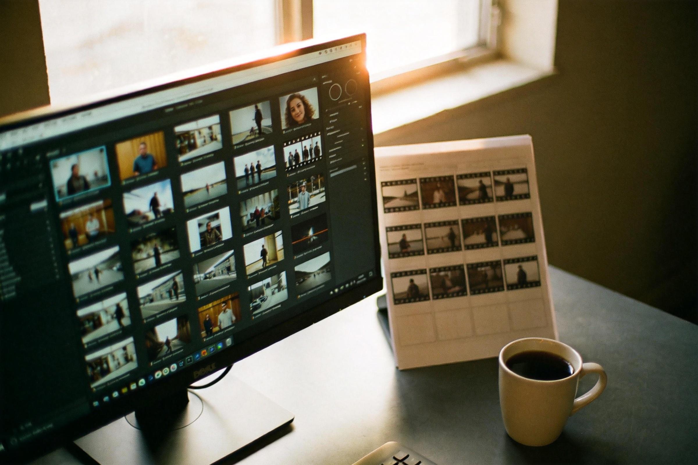 Desktop monitor showing a grid of video thumbnails beside a coffee cup and storyboard sheets