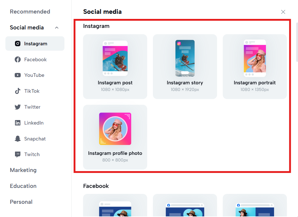 Instagram-specific presets