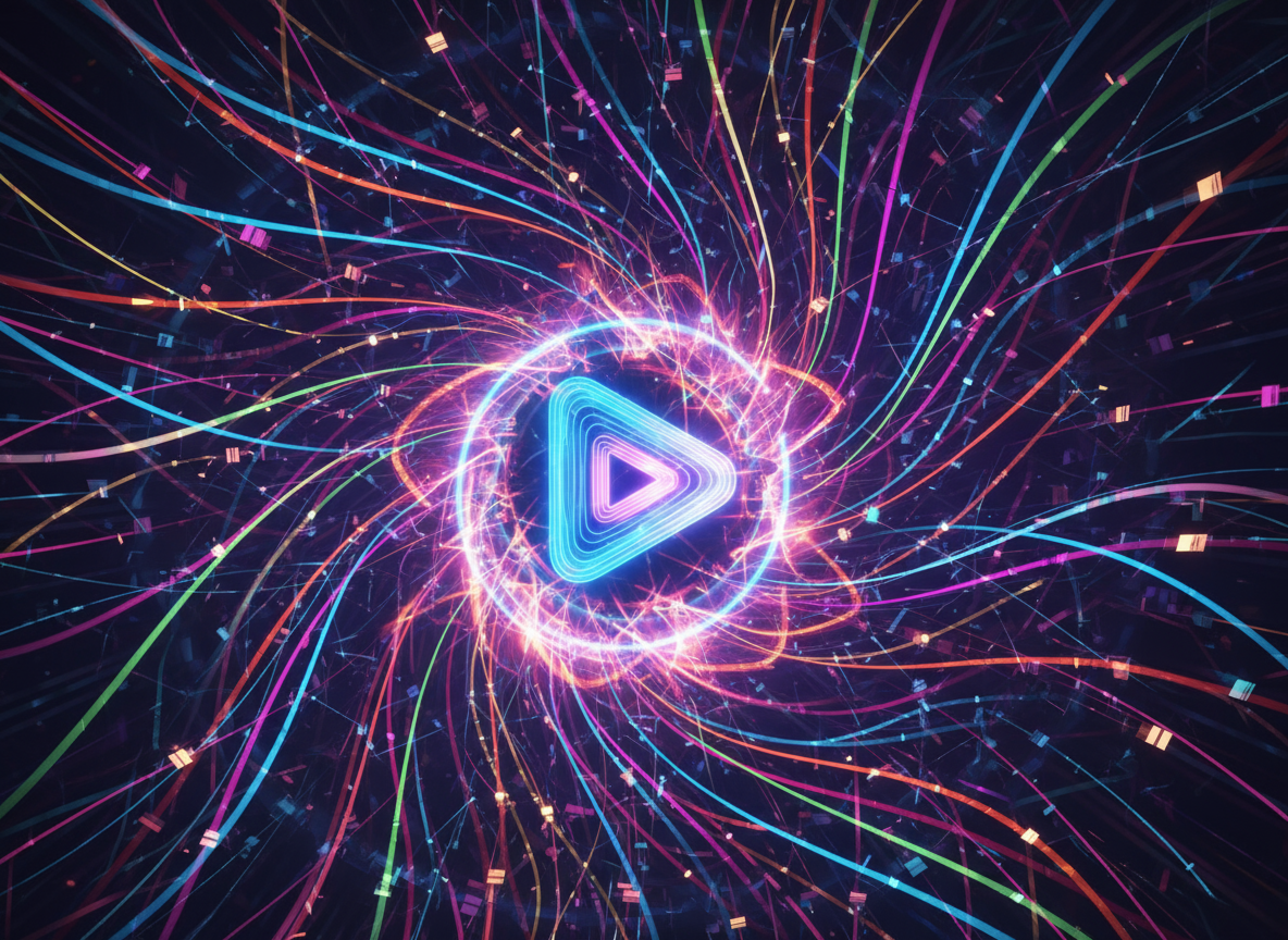 En abstrakt design med glödande linjer och en uppspelningsknapp, som representerar snabba internethastigheter och smidig videostreaming optimerad för webben.