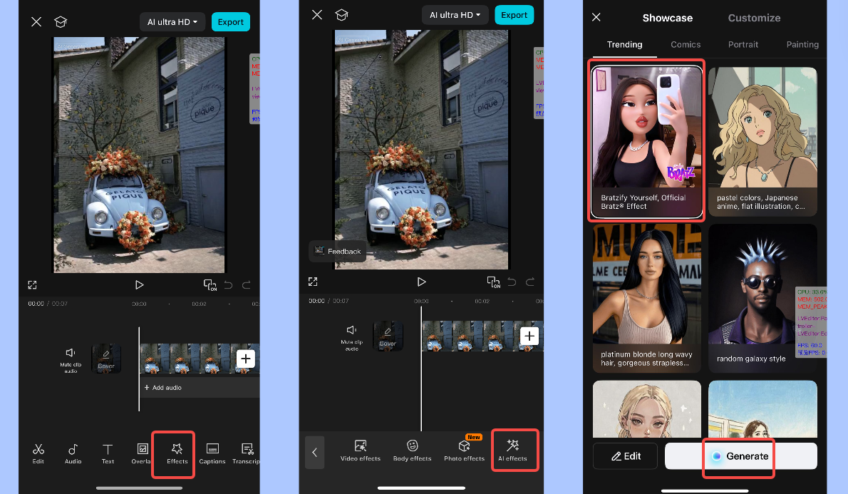 Aplicar el filtro Bratz en la CapCut aplicación móvil