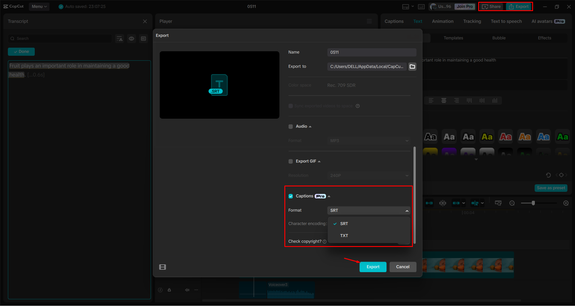 Exportar um vídeo do editor de vídeo para desktop CapCut