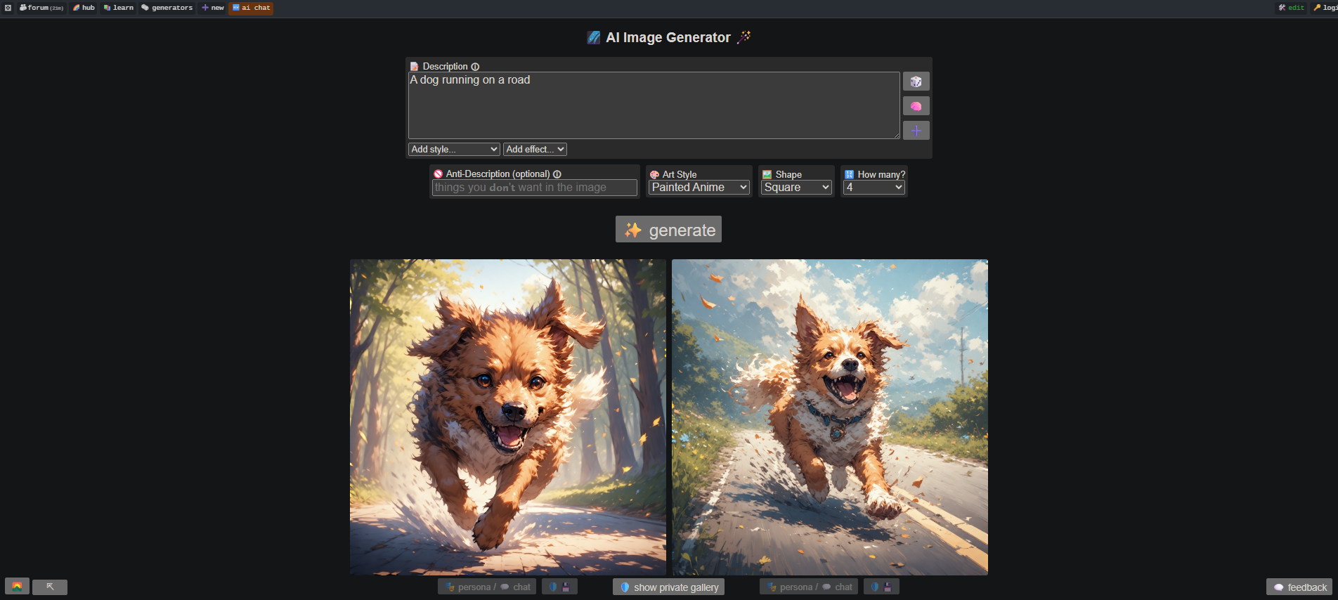 Interface of Perchance - an efficient AI image generator with no sign up