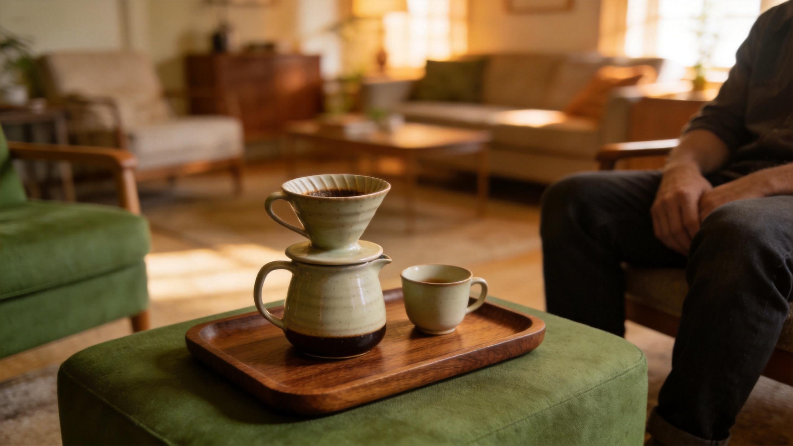 Coffee dripper and cup on a wooden tray in a cozy living room