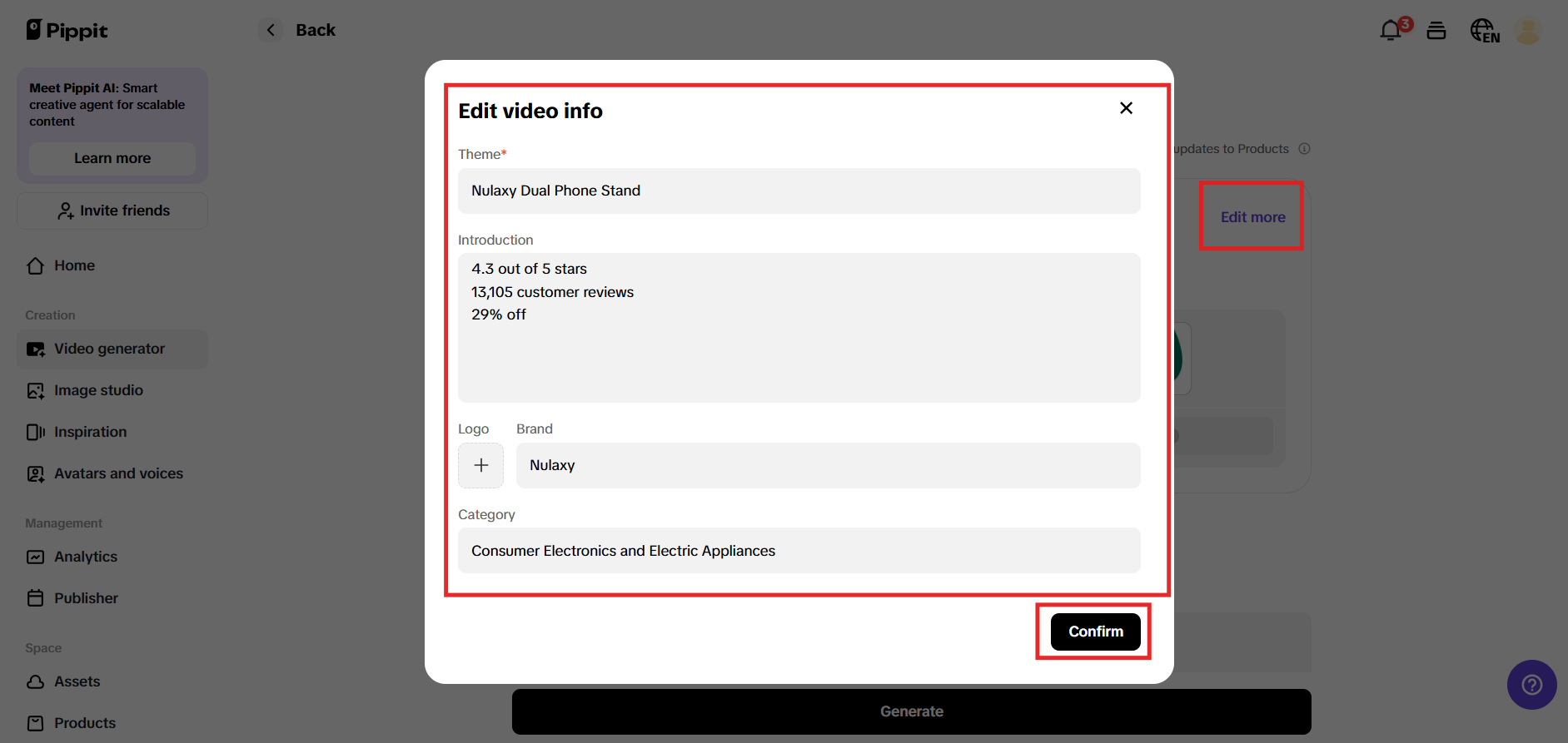 Add product name and details on Pippit