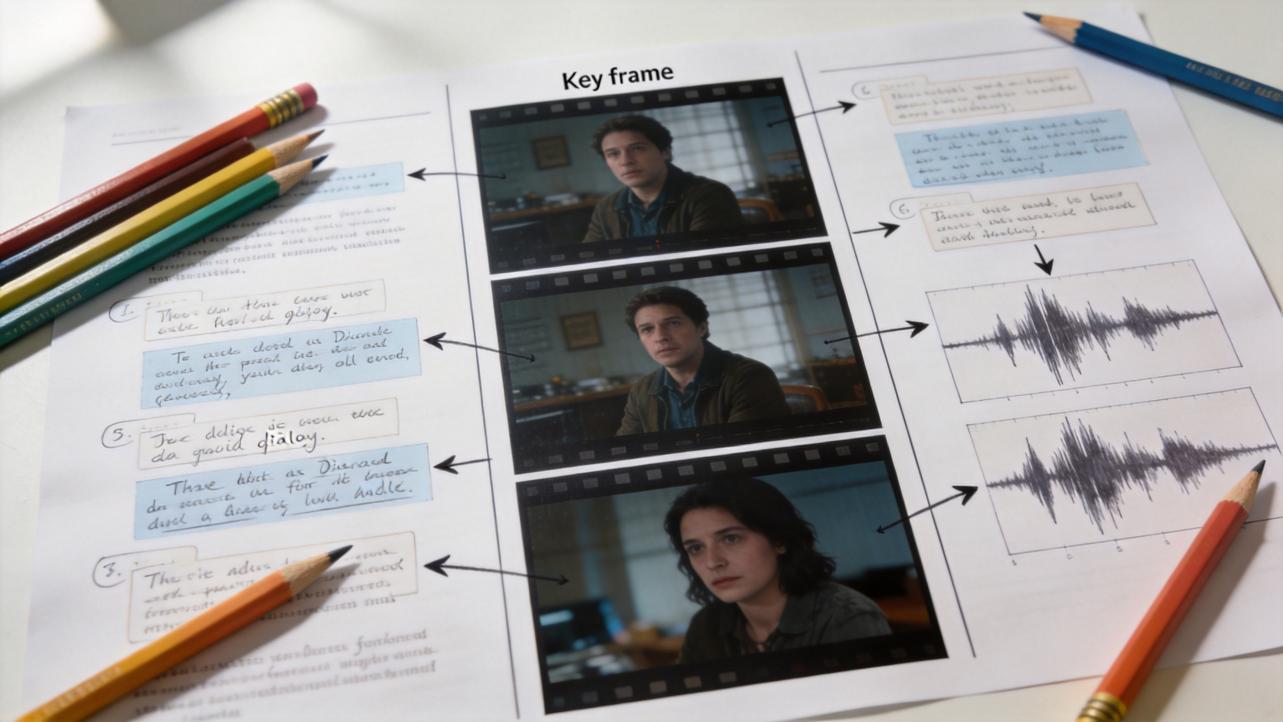 Printed key frame sheets with handwritten notes, arrows, and audio waveform charts beside colored pencils