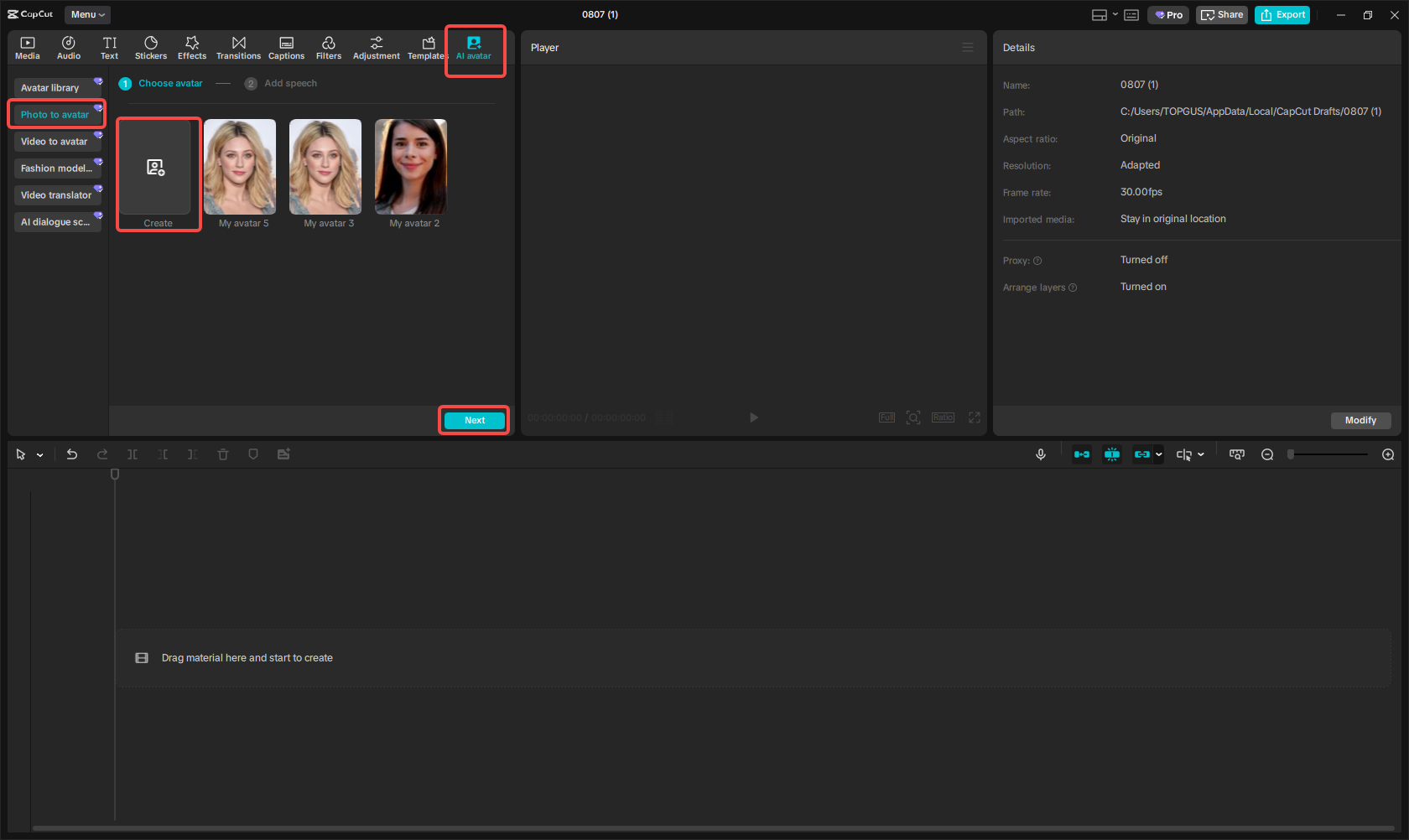 Access the "Photo to avatar" option in CapCut