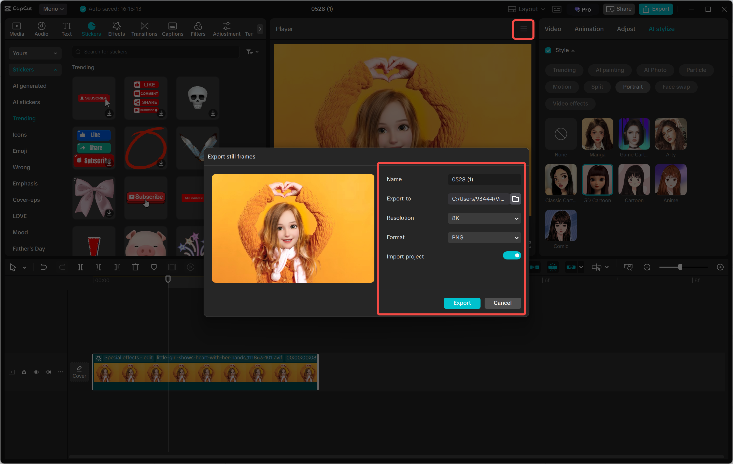 Esporta l'immagine nell' CapCut editor video desktop