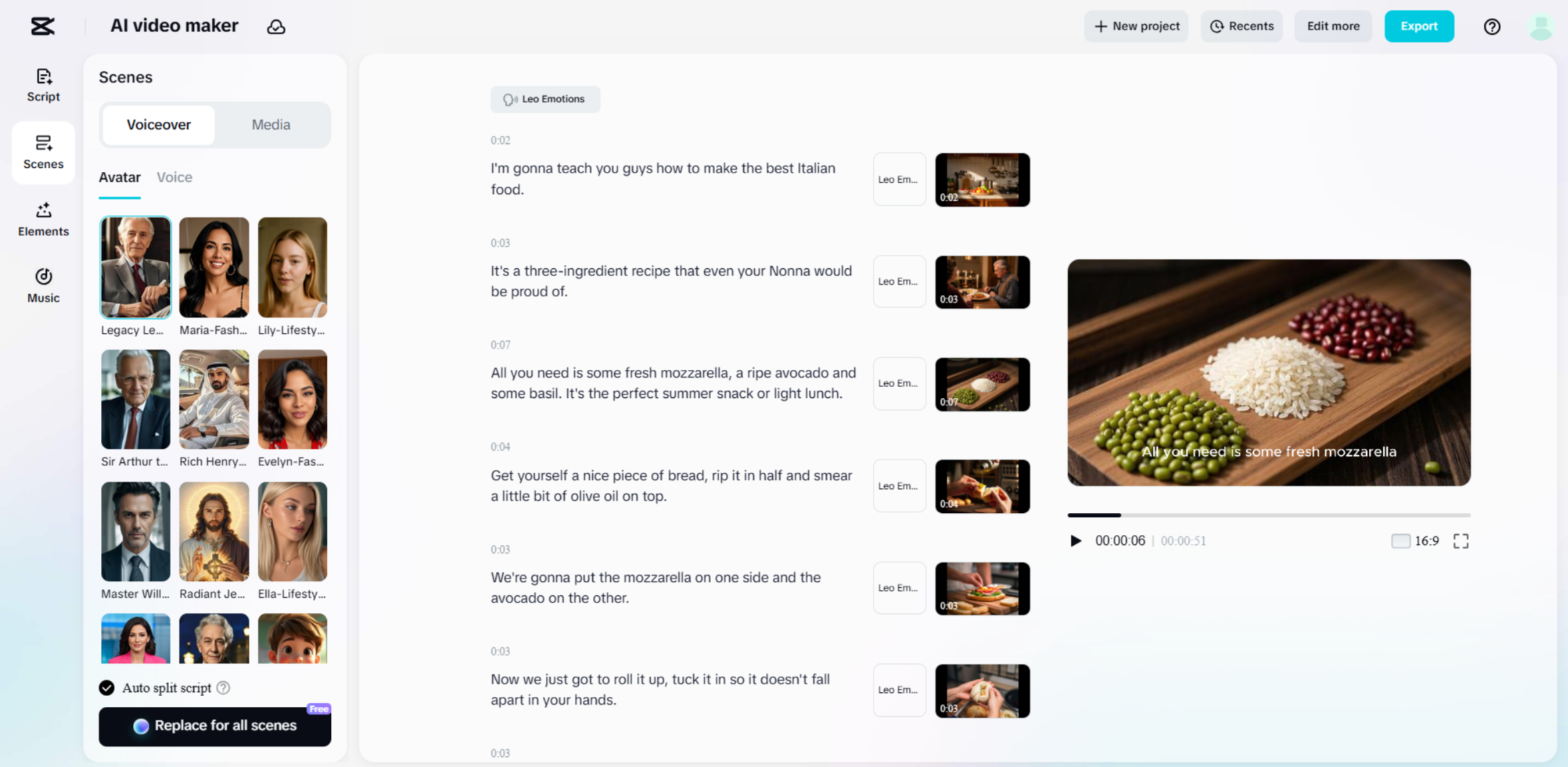 The editing interface of the CapCut Web - the best tool to create AI food videos