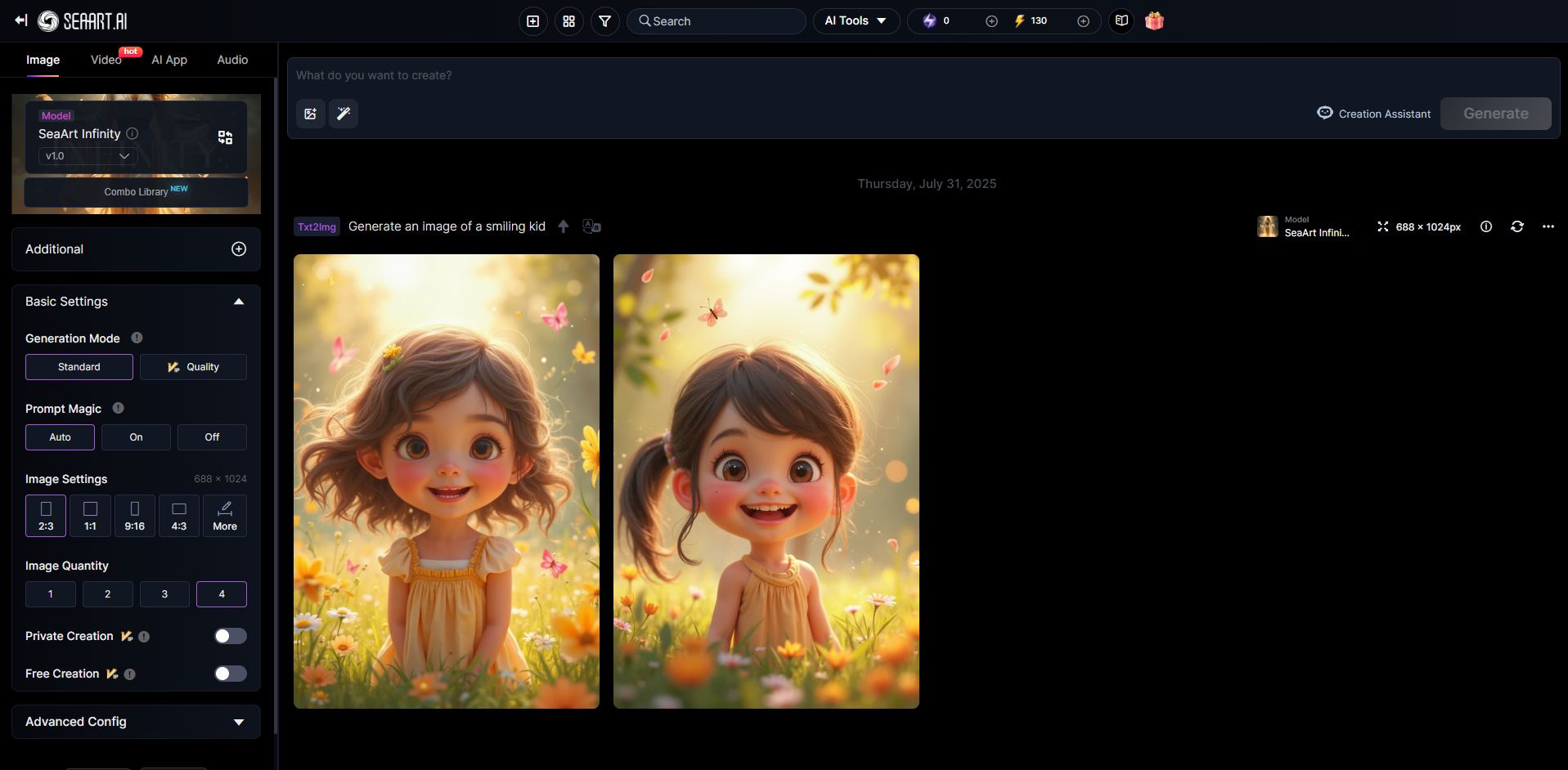 Interface of SeaArt AI - a free online AI image generator with no sign up