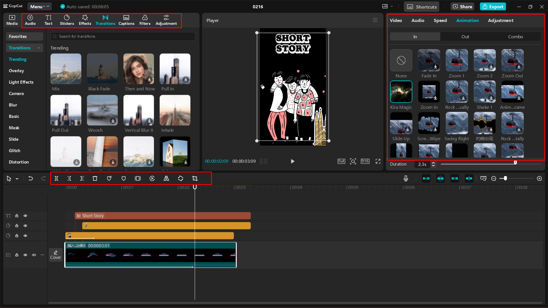Interfaz del CapCut editor de video de escritorio: creación y edición de reel animado