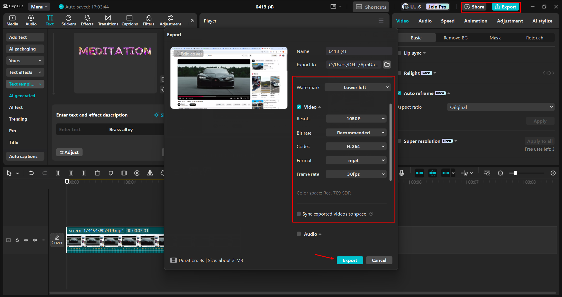 Exporting a video from the CapCut desktop video editor